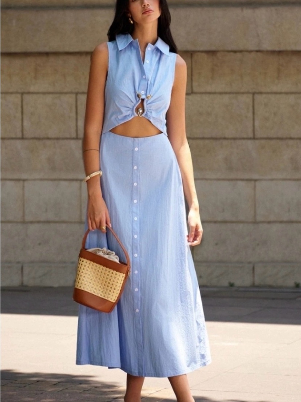 Commense Light Blue Sleeveless Maxi Dress with Cutout